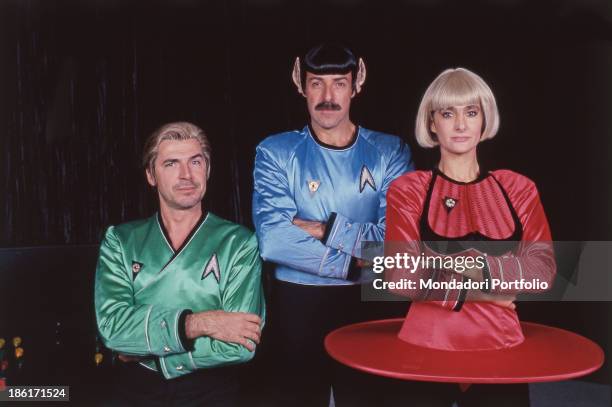 Italian actors and comedians Massimo Lopez, Tullio Solenghi and Anna Marchesini parodying the science fiction TV serie Star Trek in the theatrical...