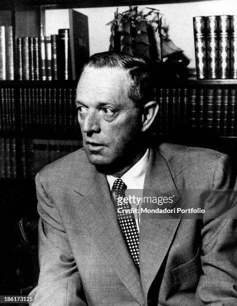 Half-lengh portrait of the US writer and journalist Erskine Caldwell during an interview;he's just published a novel book with the editor Arnoldo...