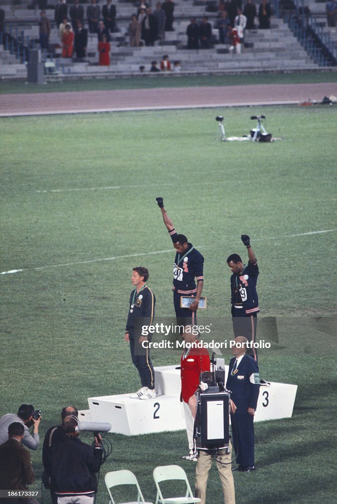 Tommie Smith, John Carlos and Peter Norman during the award ceremony of the 200