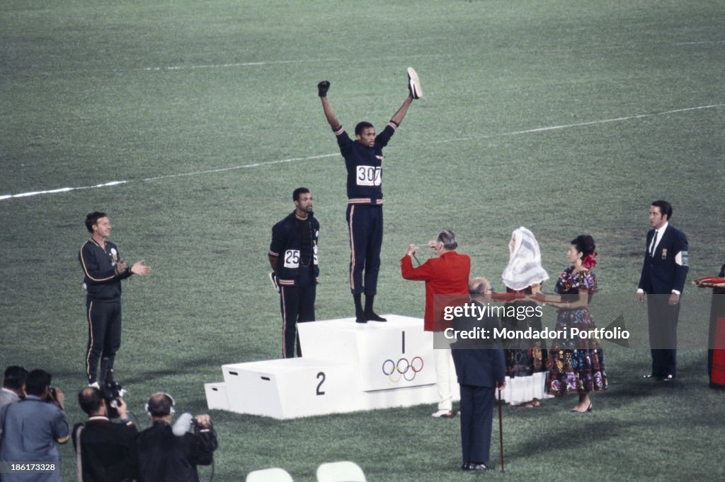 Tommie Smith, John Carlos and Peter Norman during the award ceremony of the 200