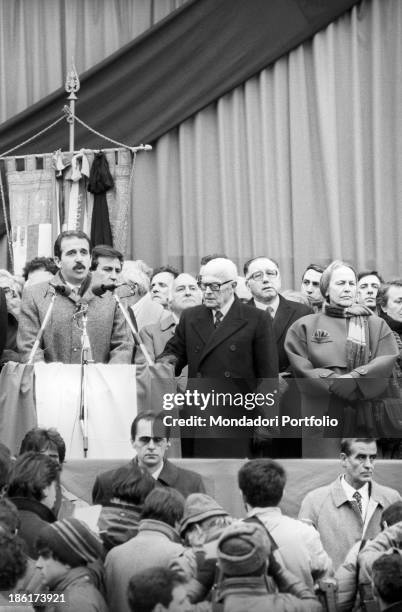 The Italian mayor of the city Renzo Imbeni giving a speech to his citizens at the celebration for the victims of the Train 904 bombing also known as...