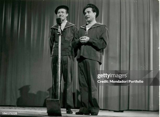 Italian TV presenter and actor Raimondo Vianello and Italian actor, director and scriptwriter Ugo Tognazzi playing a comic gag in the TV variety show...