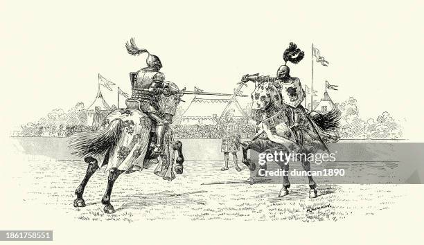 two knights fighting in the lists, medieval tournament, lance and sword - dueling stock illustrations