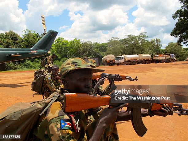 South Sudanese troops practice dismounting from a helicopter at a U.S.-run base in Nzara, South Sudan.
