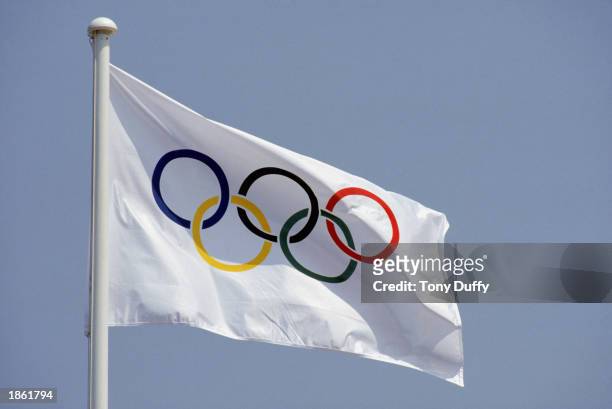 General view of the Official Olympic Flag taken during the 1992 Summer Olympic Games in Barcelona, Spain.