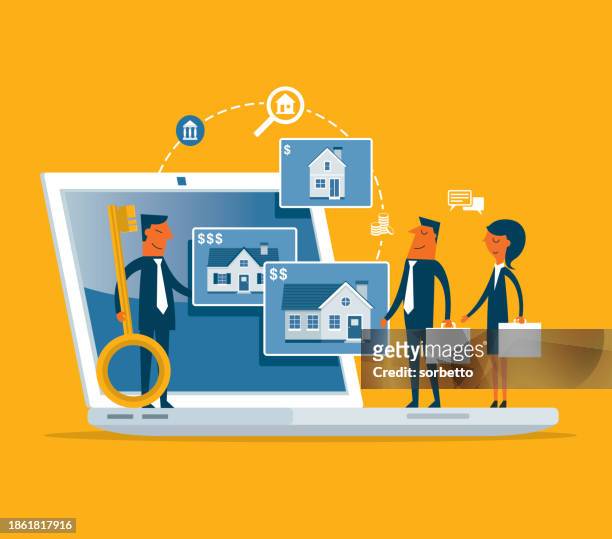 search for houses online - laptop - housing development rendering stock illustrations