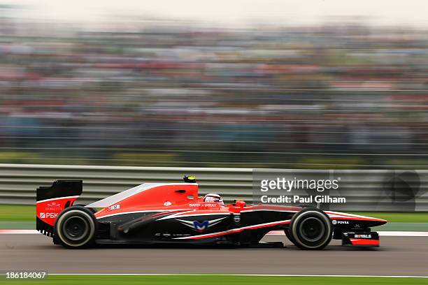 Max Chilton of Great Britain and Marussia drives during the Indian Formula One Grand Prix at Buddh International Circuit on October 27, 2013 in...