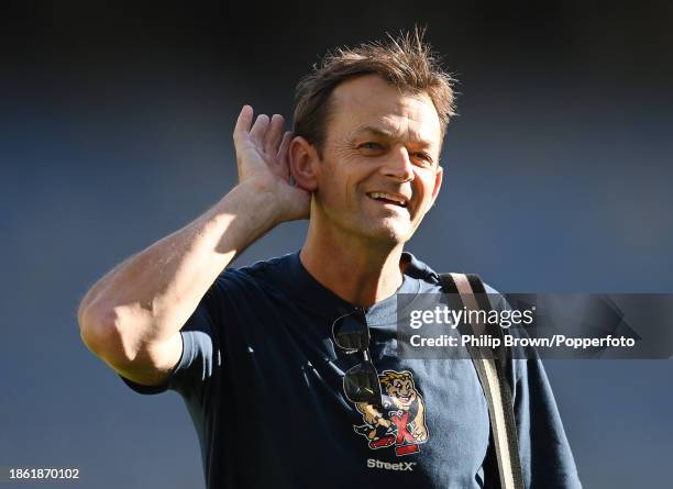 Adam Gilchrist working for Fox Sports after day four of the Men's First Test match between Australia and Pakistan at Optus Stadium on December 17,...