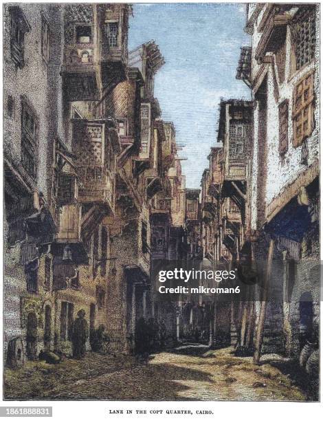 old engraved illustration of street in the coptic quarter, cairo - coptic stock pictures, royalty-free photos & images