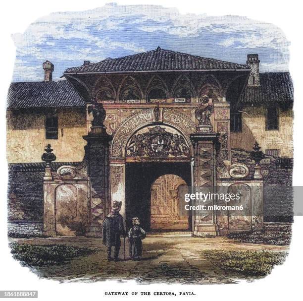 old engraved illustration of lombard architecture, gateway of the certosa di pavia (monastery and complex in lombardy, northern italy) - small group of people white background stock pictures, royalty-free photos & images