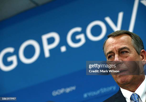 House Speaker John Boehner speaks to the media after attending the weekly House Republican conference at the U.S. Capitol, October 29, 2013 in...