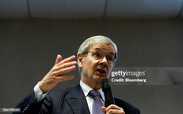 Philippe Varin, chief executive officer of PSA Peugeot Citroen, speaks during a news conference to inaugurate the production line for the new three...