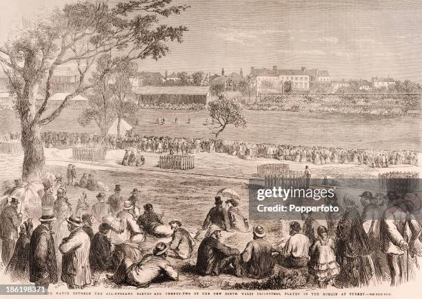Vintage illustration featuring a match between the All-England Eleven and twenty-two of the New South Wales cricketers played in the Domain in...