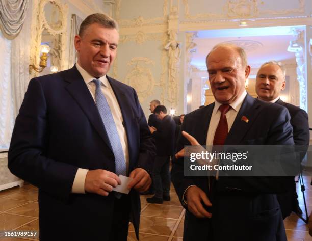 Russian Communist Party CPRF Leader Gennady Zyganov talks to LDPR Party Leader, Candidate for 2024 Presidential Elections Leonid Slutsky during the...