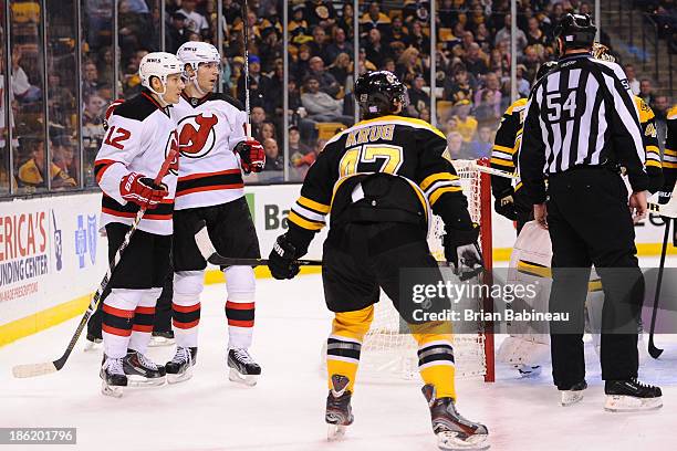 Damien Brunner of the New Jersey Devils score a goal against the Boston Bruins at the TD Garden on October 26, 2013 in Boston, Massachusetts.