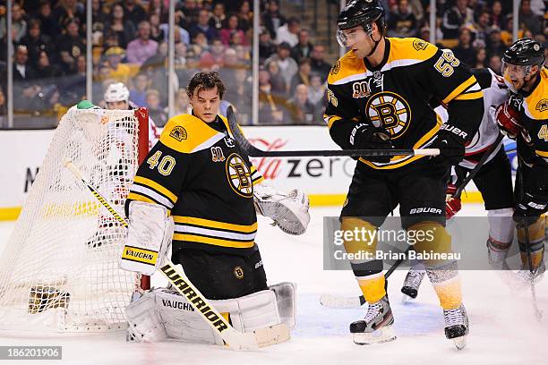 Tuukka Rask of the Boston Bruins watches the play against the New Jersey Devils at the TD Garden on October 26, 2013 in Boston, Massachusetts.