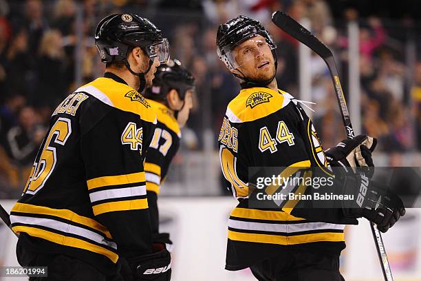Dennis Seidenberg of the Boston Bruins after his line mates scored a goal against the New Jersey Devils at the TD Garden on October 26, 2013 in...