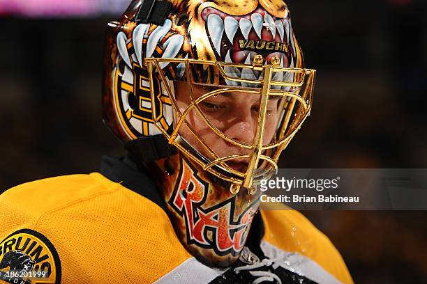 Tuukka Rask of the Boston Bruins during warm ups prior to the game against the New Jersey Devils at the TD Garden on October 26, 2013 in Boston,...