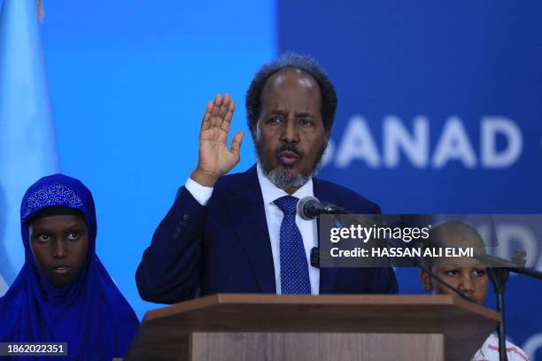 President of Somalia Hassan Sheikh Mohamud delivers his remarks during a ceremony to mark the 80th anniversary of the Somali Police Force at the...