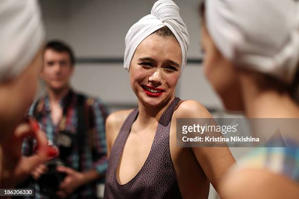 Model is seen backstage at the Maroussia Zaitseva show during Mercedes-Benz Fashion Week Russia S/S 2014 on October 29, 2013 in Moscow, Russia.