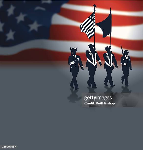 ilustrações, clipart, desenhos animados e ícones de desfile soldados com bandeira americana forças armadas fundo - veterans day background