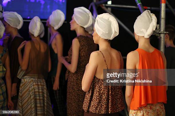 Models are seen backstage at the Maroussia Zaitseva show during Mercedes-Benz Fashion Week Russia S/S 2014 on October 29, 2013 in Moscow, Russia.