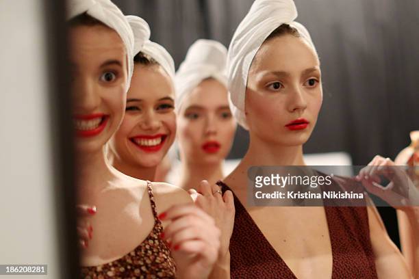 Models are seen backstage at the Maroussia Zaitseva show during Mercedes-Benz Fashion Week Russia S/S 2014 on October 29, 2013 in Moscow, Russia.