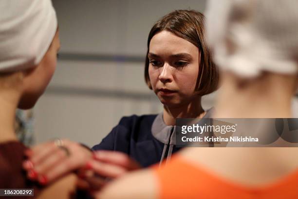 Designer Maroussia Zaitseva is seen backstage at the Maroussia Zaitseva show during Mercedes-Benz Fashion Week Russia S/S 2014 on October 29, 2013 in...