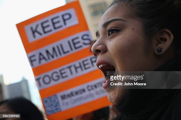 Immigration reform advocates protest next to an Immigration and Customs Enforcement , detention center on October 29, 2013 in New York City. The New...
