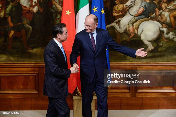 Chinese foreign minister Wang Yi meets with Italian Prime Minister Enrico Letta at Palazzo Chigi on October 29, 2013 in Rome, Italy. Wan Yi is on an...