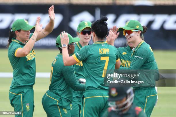 Proteas celebrate the wicket of Murshida Khatun of Bangladesh during the 2nd Women's ODI match between South Africa and Bangladesh at JB Marks Oval...