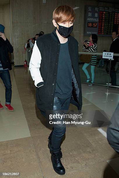 Eunhyuk of boy band Super Junior M is seen upon arrival at the Gimpo Airport on October 28, 2013 in Seoul, South Korea.