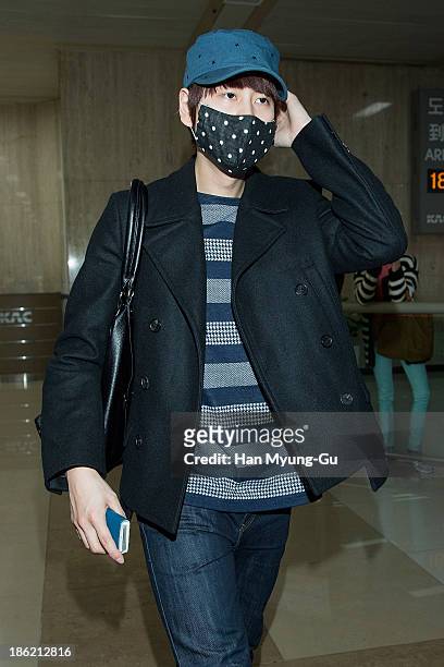 Kyuhyun of boy band Super Junior M is seen upon arrival at the Gimpo Airport on October 28, 2013 in Seoul, South Korea.