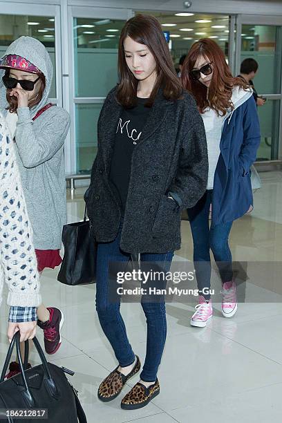 Yoona of South Korean girl group Girls' Generation is seen upon arrival at the Gimpo Airport on October 28, 2013 in Seoul, South Korea.