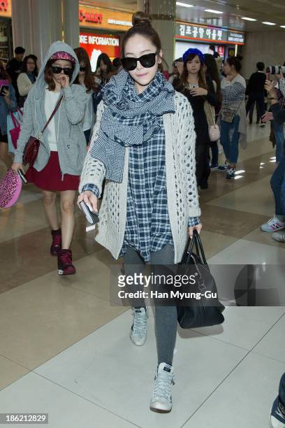 Jessica of South Korean girl group Girls' Generation is seen upon arrival at the Gimpo Airport on October 28, 2013 in Seoul, South Korea.