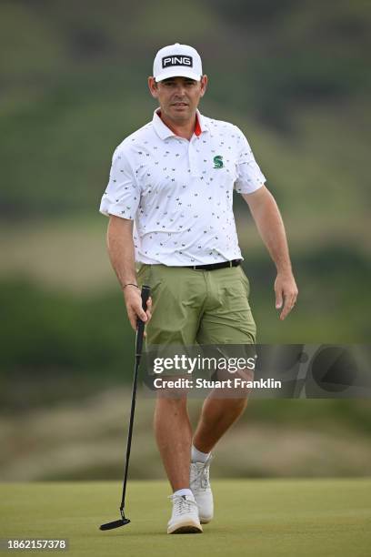 Louis Oosthuizen of South Africa reacts on the 16th green on Day Four of the AfrAsia Bank Mauritius Open 2024 at Heritage La Reserve Golf Club on...