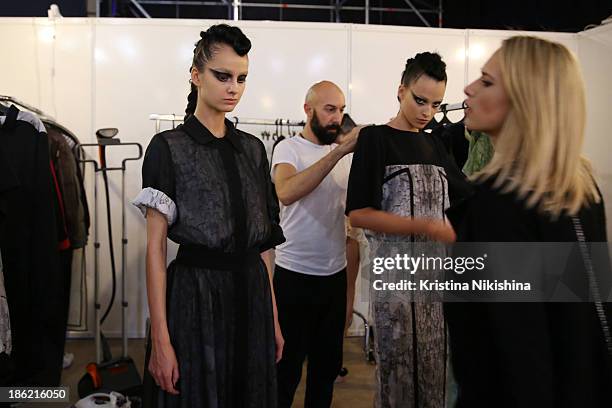 Designer Masha Kravtsova is seen backstage at the The Muscovites By Masha Kravtsova show during Mercedes-Benz Fashion Week Russia S/S 2014 on October...