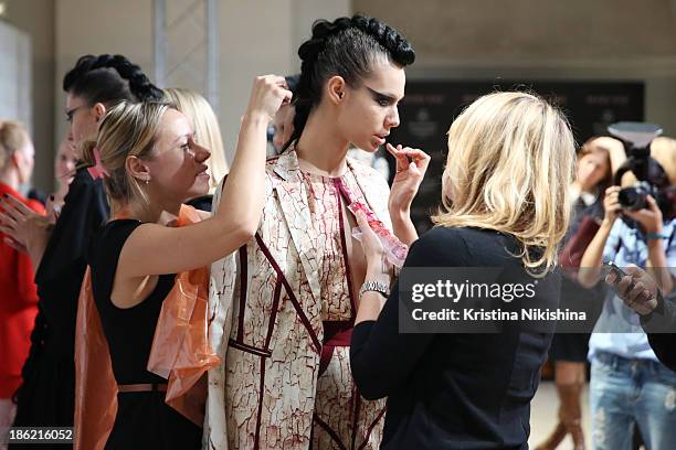 Designer Masha Kravtsova is seen backstage at the The Muscovites By Masha Kravtsova show during Mercedes-Benz Fashion Week Russia S/S 2014 on October...