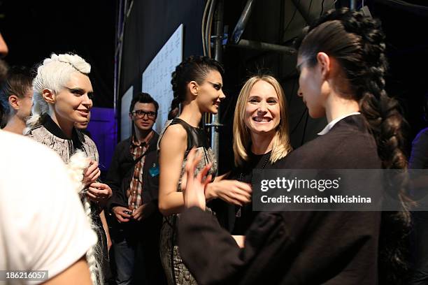 Designer Masha Kravtsova is seen backstage at the The Muscovites By Masha Kravtsova show during Mercedes-Benz Fashion Week Russia S/S 2014 on October...