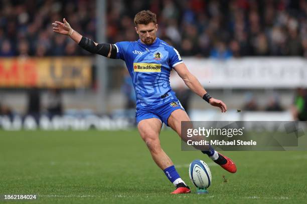 Henry Slade of Exeter kicks a conversion during the Investec Champions Cup match between Exeter Chiefs and Munster Rugby at Sandy Park on December...