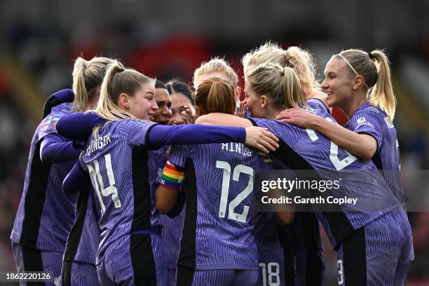 Taylor Hinds of Liverpool celebrates with teammates after scoring their team's second goal during the Barclays Women´s Super League match between...