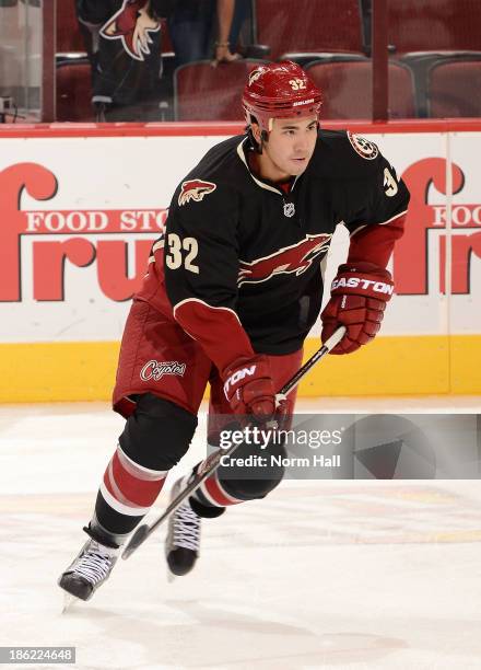 Brandon Yip of the Phoenix Coyotes skates during pregame against the Calgary Flames at Jobing.com Arena on October 22, 2013 in Glendale, Arizona.