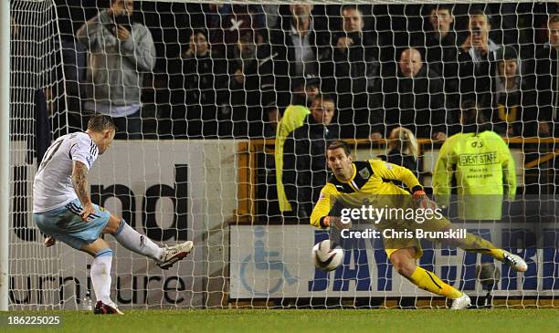 Jack Collison of West Ham scores the second goal from the penalty spot during the Capital One Cup Fourth Round match between Burnley and West Ham...