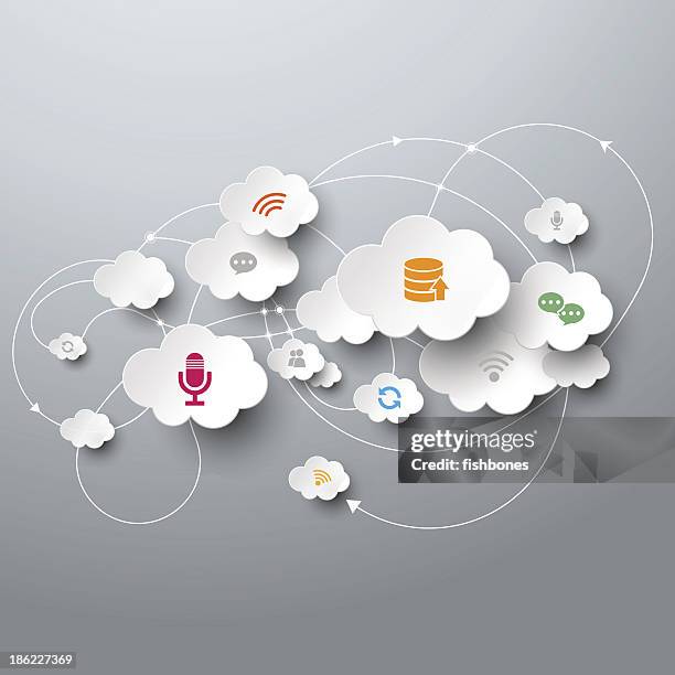 white clouds with icons and connecting arrows - abstract flowchart background stock illustrations