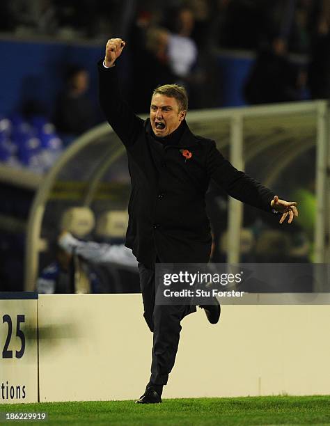 Birmingham manager Lee Clark celebrates the extra time equaliser to make the score 4-4 during the Capital Cup Fourth Round game between Birmingham...