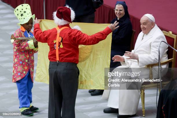 Circus artists perform for Pope Francis and children of the Santa Marta Dispensary on December 17, 2023 in Vatican City, Vatican.