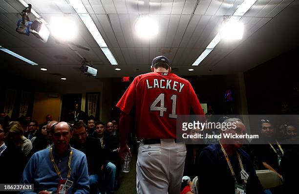 Game six starter, John Lackey of the Boston Red Sox, talks during a press conference prior to the team workout at Fenway Park on October 29, 2013 in...