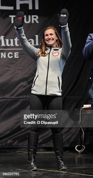 Freestlyer skiier Heather McPhie speaks on stage during the USOC 100 Days Out 2014 Sochi Winter Olympics Celebration at Times Square on October 29,...