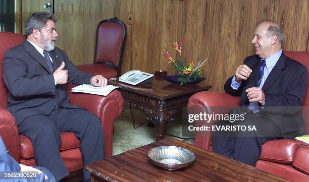 Brazilian President, Luiz Inacio Lula da Silva , speaks to Jean Zielger , the representative for nutrition of the United Nations, at the Palacio...