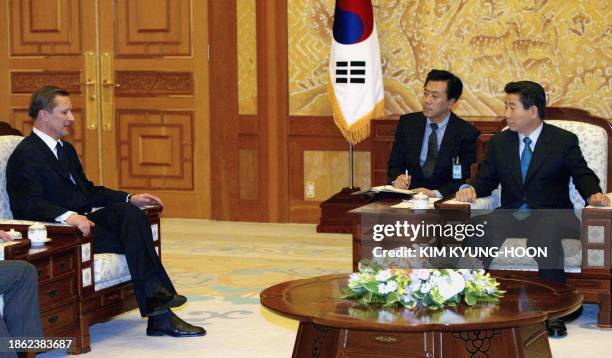South Korean President Roh Moo-Hyun meets with Russian Defense Minister Sergei Ivanov at the presidential Blue House in Seoul, 10 April 2003. At a...